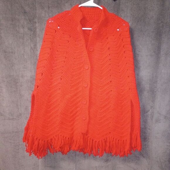 Vintage Sweaters - Vintage Handmade Crochet Red Button Front Cape Poncho